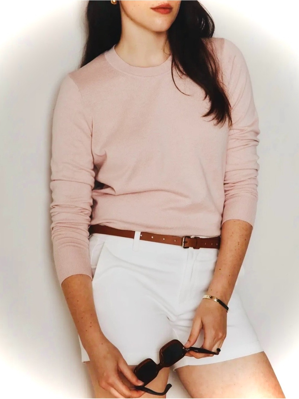 Quince Lightweight Cotton Cashmere Crew Sweater Sz M Sugar Stone Pink Quiet Luxe